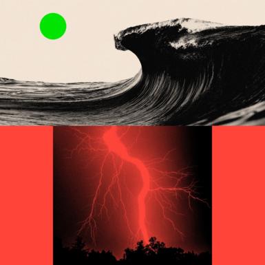 Two treated images of a large wave and a large fork lightning strike at night. 
