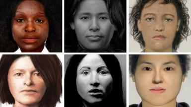 Composite image of facial reconstruction pictures issued by Interpol of women