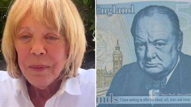 Emma Soames in a split screen with Sir Winston Churchill's face on a £5 note