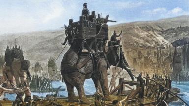 An illustration of an elephant with soldiers crossing a river