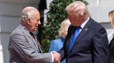 King Charles III, left, and US President Donald Trump shake hands during a departure ceremony at the South Portico of the White House in Washington