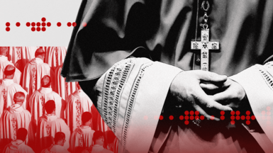 A graphic of a Cardinal wearing the cross round his neck. You cannot see his face - only his hands clasped togetjer