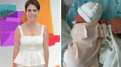 A photo of Princess Eugenie wearing a sleeveless white blouse, smiling and standing in front of a colourful background, next to a photo of the baby who is laying on someone and wearing a pink sleepsuit with a white hat