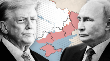 Map of Ukraine overlaid with the national flag colours - blue on top and yellow on the bottom. Stylised black-and-white headshots of Donald Trump and Vladimir Putin, both in suits and looking serious, are on either side of the map.