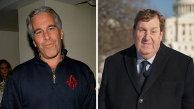 Splitscreen. Left, archival of Jeffrey Epstein. Right, BBC journalist Gary O'Donoghue