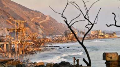 Destroyed homes along the Pacific Coast Highway in Malibu, California.