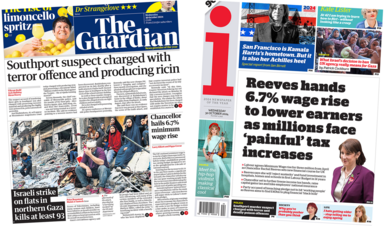 The headline in the Guardian reads, "Southport suspect charged with terror offence and producing ricin", while the headline in the i reads, "Reeves hands 6.7% wage rise to lower earners as millions face 'painful' tax increases". 