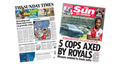 The headline on the front page of the Sunday Times reads: “Streeting and Hunt intervene on growth crisis”. The headline on the front page of the Sun reads: “5 cops axed by Royals”.