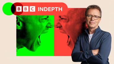 A treated collage showing a man shouting