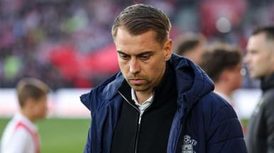 Tonda Eckert, head coach of Southampton, on the touchline in blue club coat during the Championship play-off semi-final second leg match between Southampton and Middlesbrough at St Mary's Stadium