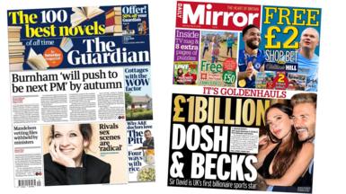 A composite of the front pages of the Guardian and the Daily Mirror on 16 May 2026.
