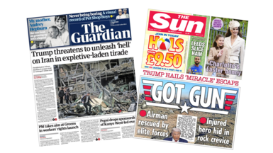 The headline on the front page of the Guardian reads: “Trump threatens to unleash 'hell' on Iran in expletive-laden tirade”. The headline on the front page of the Sun reads: “Got gun”.