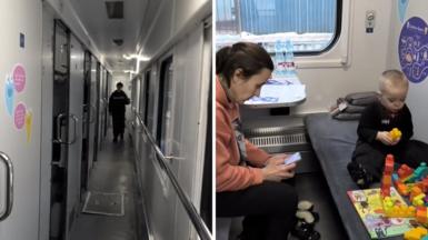 Split screen showing train corridor on the left and mother and son playing with toys in carriage