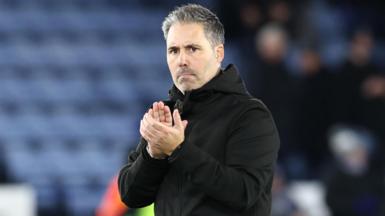 Outgoing Leicester boss Marti Cifuentes applauding supporters after their defeat at home by Oxford United in his final game in charge