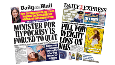 The Daily Mail has the headline "Minister for hypocrisy is forced to quit", and the Daily Express says "Pill for weight loss on NHS".