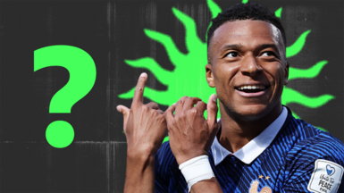 Kylian Mbappe celebrating next to a green question mark