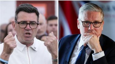 A picture of Andy Burnham making a speech and wearing a white top and a picture of Keir Starmer in a navy suit 