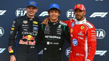 Max Verstappen, polesitter Kimi Antonelli and Lewis Hamilton pose for photos after qualifying 