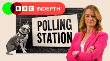 A treated image of a polling station station with a dog sitting beside the sign, wearing a union jack bandana.