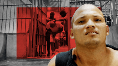A designed image combining two photos.

The background image, a black and white photo, portrays a stark prison environment, with cold concrete walls and metal bars framing the scene. Two masked figures are escorting a restrained individual, suggesting a moment of control or enforcement.
In the foreground, a colour photo, a man with a shaven head looks like he's grimacing. 