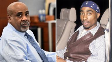 On the left, Duane "Keffe D" Davis wearing a blue tie; on the right, a photo of Tupac.