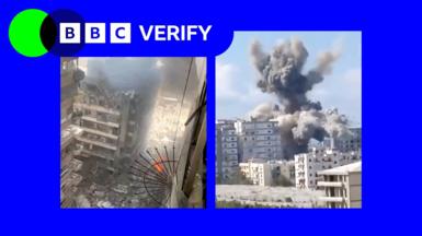 Split screen image showing destroyed apartment buildings on the left and an explosion on the right