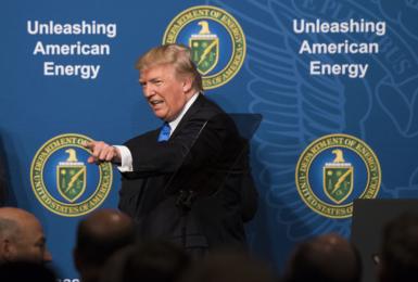 U.S. President Donald Trump points while leaving the stage after speaking during the Unleashing American Energy event at the Department of Energy in Washington, D.C., U.S.