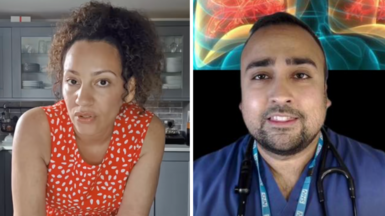 A woman and a man in a split composite image showing TikTok influencers, the woman in a red spotty dress and the man in blue NHS uniform.