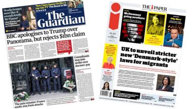 A composite image of the front pages of the Guardian and the i Paper on 14 November 2025