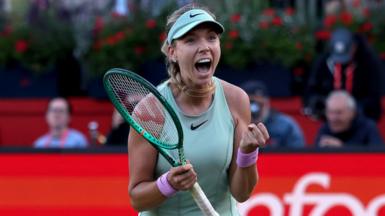 Katie Boulter celebrates beating Elena Rybakina at Queen's