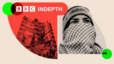 A dual image of a female Hezbollah supporter and an image of the site of an Israeli airstrike