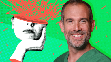 Image of Dr Xand in a geen medical outfit and an outlined head of a person with lines coming out to indicate stress.