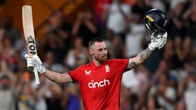 England opener Phil Salt raises his bat and helmet after hitting a century