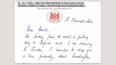 Letter from Lord Mandelson to David Lammy, then foreign secretary, written on House of Lords notepaper. 