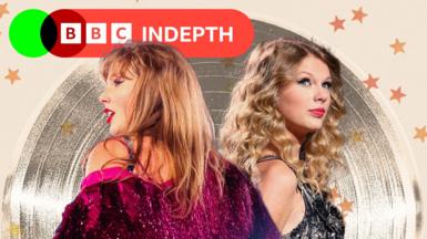 Side-by-side portraits of Taylor Swift at different times in her career, under a 'BBC InDepth' logo. On the left, she has straight hair and wears a sparkly pink outfit, looking left. On the right, she is younger, has curly hair and wears a black sequined outfit, looking right. The background features a vinyl record design with star decorations. 