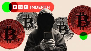 A treated image of a hooded hacker holding a phone with Bitcoins around
