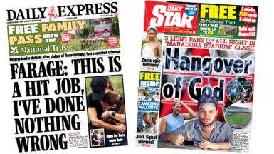 A composite of the front pages of the Daily Express and the Sun on 6 July 2026.