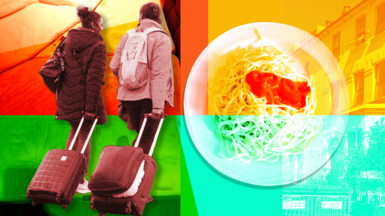 Brightly coloured composite image featuring red, green and yellow. There are two young women, their backs to the camera, wheeling small suitcases on the left - and a photo of a plate of spaghetti with bright red tomato sauce on the right.