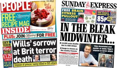 The headline in the Sunday People reads "Wills' sorrow at Brit terror death" and the headline in the Sunday Express reads "In the bleak midwinter..."