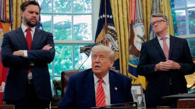 President Donald Trump along with Vice President JD Vance and Peter Mandelson, British Ambassador to the United States, address reporters in the Oval Office at the White House