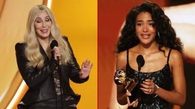 Split screen showing Cher on the left and Olivia Dean on the right, holding a Grammy