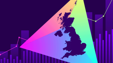 Graphic showing a map of the UK in a multicoloured triangle