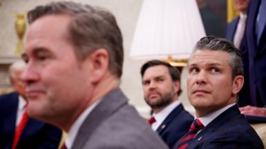 Michael Waltz, Vice President JD Vance and Defence Secretary Pete Hegseth sit on a couch in the Oval Office.