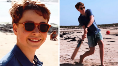 Composite image of screenshots from a video of Prince George on the beach in Cornwall. In the left image he is seen smiling at the camera while wearing a blue polo shirt and red sunglasses. In the right picture he is seen holding a cricket bat as a ball comes towards him