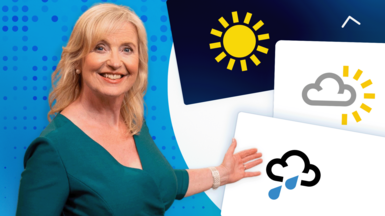Weather presenter Carol Kirkwood points to BBC Weather logos for a new game