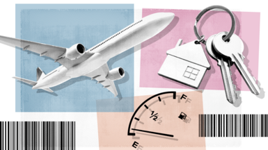 Graphic compilation showing images of a plane, keys and a clock