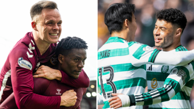 Hearts' Lawrence Shankland and Pierre Landry Kabore celebrate, as do Celtic's Yang Hyun-jun and Alex Oxlade-Chamberlain