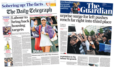 Front page of the Daily Telegraph and the Guardian.