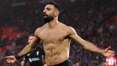 Mohamed Salah's celebrates after scoring Liverpool's winner from the penalty spot at Southampton