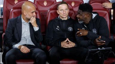 Coach of Manchester City Pep Guardiola, assistant-coaches Pepijn Lijnders and Kolo Toure during the UEFA Champions League 2025/26 League Phase MD2 football match between AS Monaco